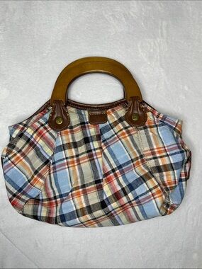 Relic Madras Plaid Cotton Handbag with Brown Wooden Handles
